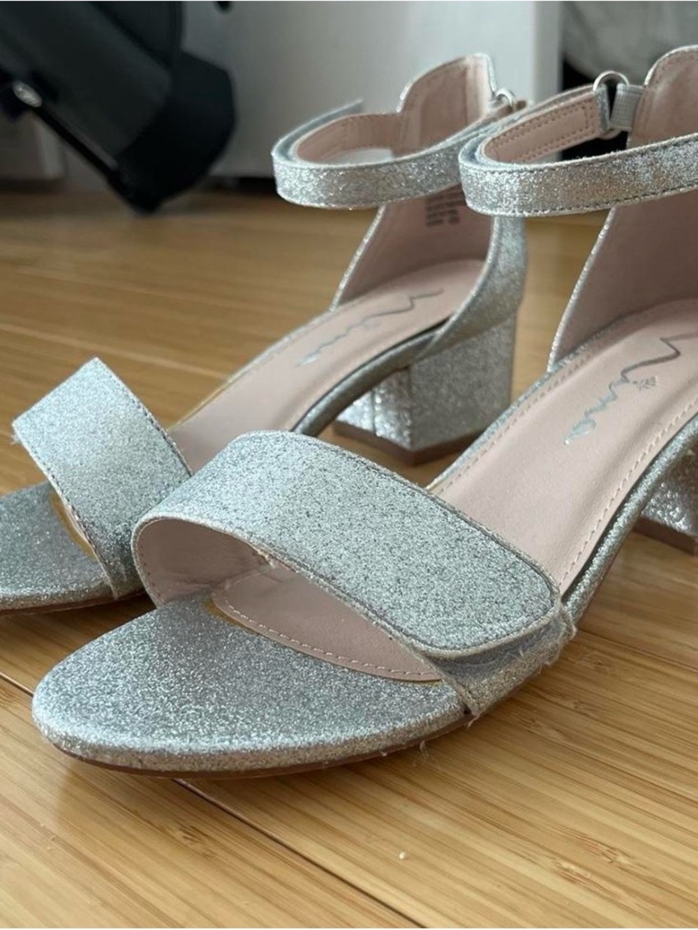 Silver Glitter Block Heel Sandals with Ankle Strap